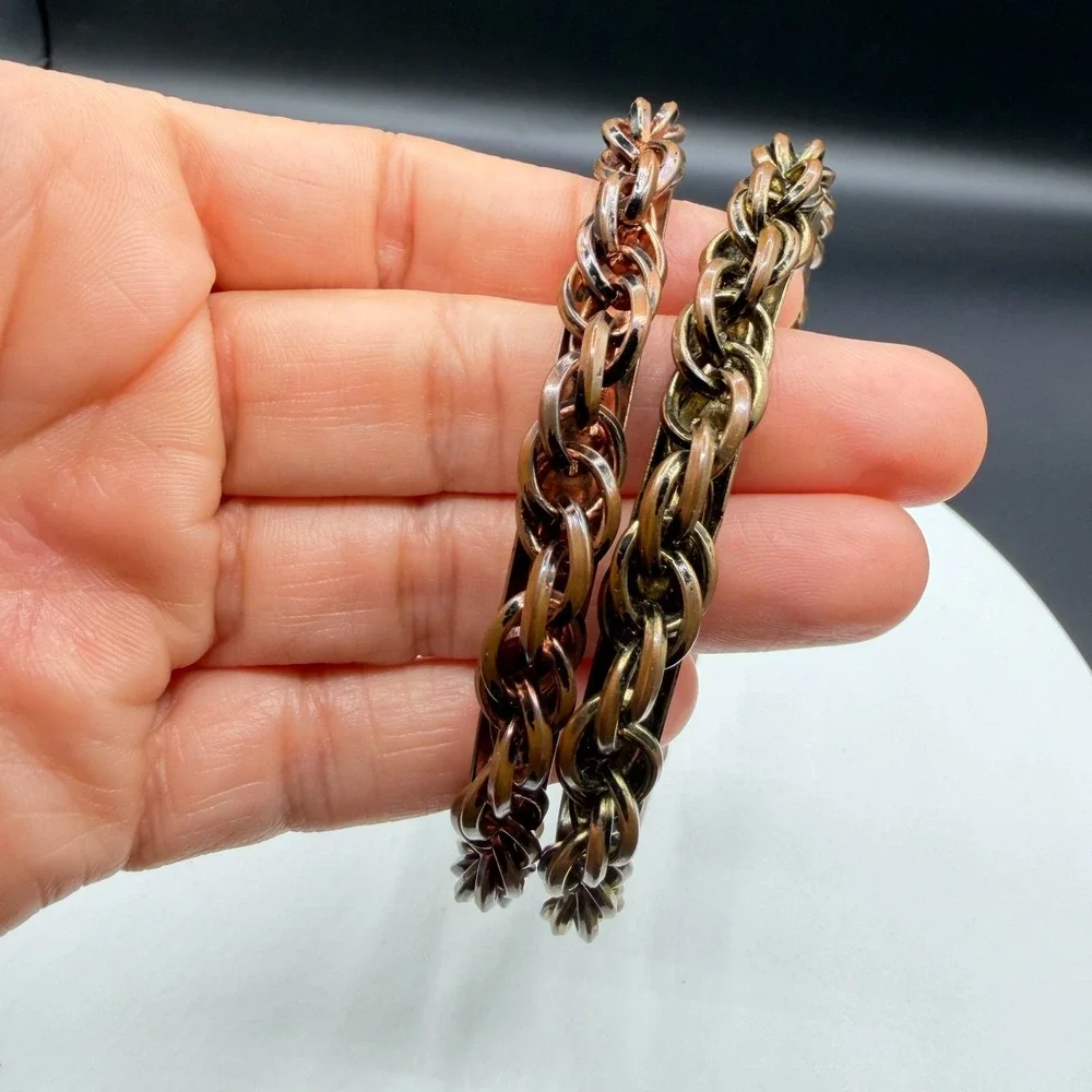 Pair Copper & Brass Tone Chain Link Bangle Bracelet Boho Stack Statement Jewelry